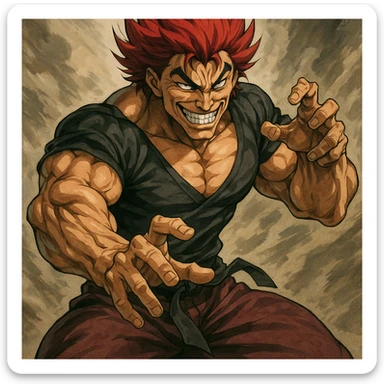 Yujiro Hanma, muscular anime character with red spiky hair, menacing grin, martial arts pose, style 1 sticker