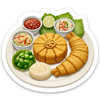 Plato redondo con filete de cerdo empanizado estilo tempura, dorado y crujiente acompañado de arroz blanco y ensalada fresca con vegetales sticker