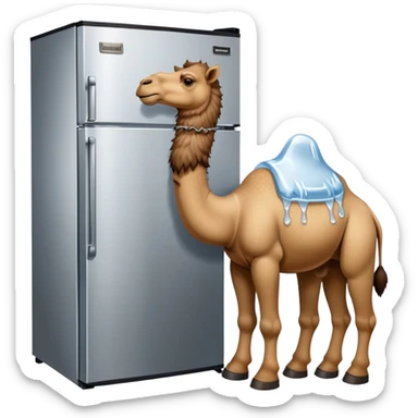 A desert camel head and neck attached to a stainless steel refrigerator body with ice dispenser, wearing classic Timberland-style work boots sticker