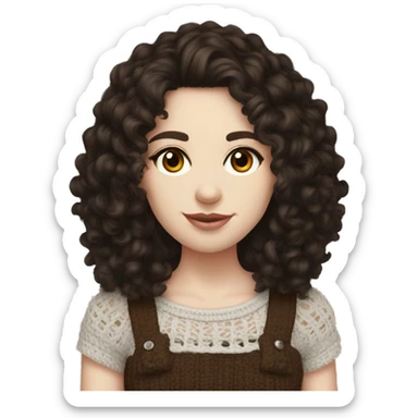 pale skin and dark brown eyes young adult with dark curly hair , crocheting a top  sticker
