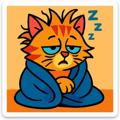 cartoon cat with bedhead, still half asleep, wrapped in a blanket, vibrant toon style sticker