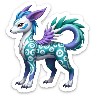 Tropical Tiny Marked Patterned Tribal Colorful Skilled Adept Graceful Asian Painted Garurumon-Meloetta-Absol-Suicune-Cobalion-fusion-hybrid-creature (full body) sticker