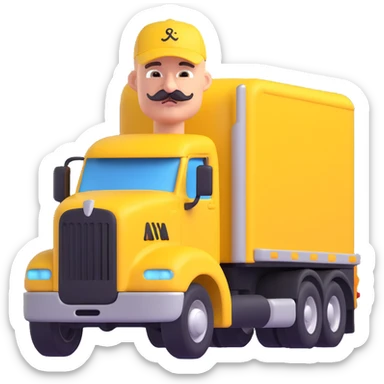 bald truck driver with mustache and baseball cap driving yellow semi sleeper truck sticker