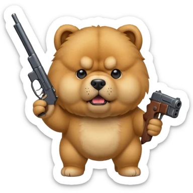 Funny cartoon-style chow chow dog with light fur standing on its hind legs and holding a gun menacingly sticker