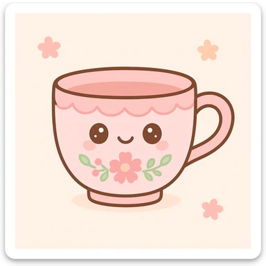 a pink teacup with floral patterns, cottagecore style, delicate and vintage look sticker