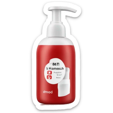 Red bottle of shampoo with white label and pump sticker