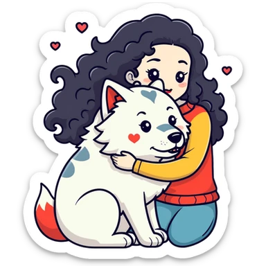 Black curly hair white skin girl hugging one big wolf with hearts above them sticker