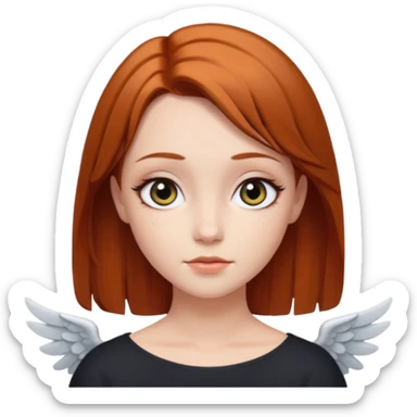 девушка ангел с рыжими прямыми волосами по плечи, с черными макияжем глаз, тонкими бровями, в стиле Apple avatar sticker
