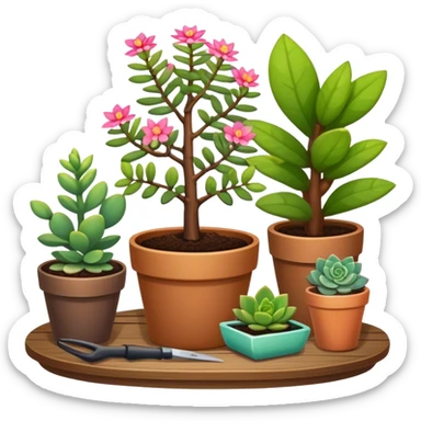 Close-up of a potted sapling with vibrant flowering plants around it, in rich soil. Sunlight filters through the window, casting soft shadows. Cozy indoor garden with blooming flowers, succulents, and gardening tools placed neatly on a wooden table. sticker
