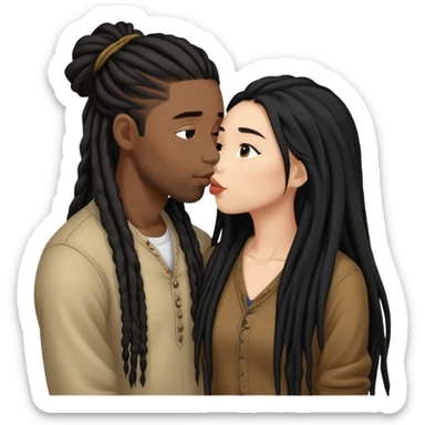 Asian Woman with long hair kissing a young black guy with dreads no beard sticker