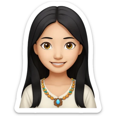 30 yr old asian woman center parted hair big eyes big smile tanned skin straight black hair hippie part hair white blouse sticker