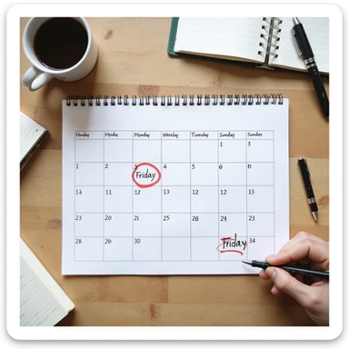 top view weekly calendar with days Monday to Sunday clearly written, Friday circled in red, hyperrealistic style, 4K details, desk or office atmosphere sticker