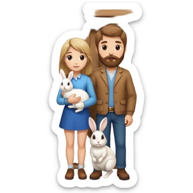 brown haired bearded man with a blond girl holding a rabbit with a front door behind them sticker