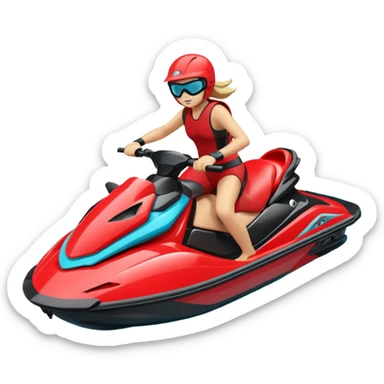 jet ski (red black and white all in the same amount. maybe a red a bit more dominant) on the sea. show the sea under the jet ski - blue with turquoise. no sky - white background instead. DO NOT REMOVE THE SEA AND THE WHITE WHEN FINALIZING!  NO ONE ON THE JET SKI  sticker