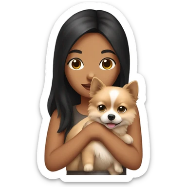 Girl holding pomeranian. The girl has black hair and medium skin sticker