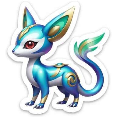 Shiny Colorful Futuristic Oriental Painted Asian Vernid-Trico-Meloetta-Latias-Koraidon-Peppercat-Protogen-Pokémon-Digimon-Fakémon-fusion-hybrid-creature sticker