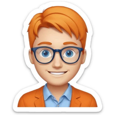 A young UX UI designer with blue eyes and semi orange side part sticker