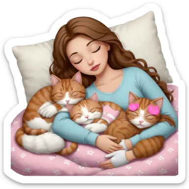 girl with long wavy brown hair, brown eyes, long lashes makeup, sexy pink lips, light to medium complexion,  sleeping on a cozy pillow, with 6 cats: 1 brown and white tabby cat, 1 ginger and white, 2 grey and white, 1 grey with white mittens and small white patch on chest and 1 calico, sleeping sticker