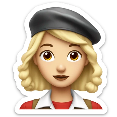 blonde girl, red eyes, white buttoned shirt, beret sticker