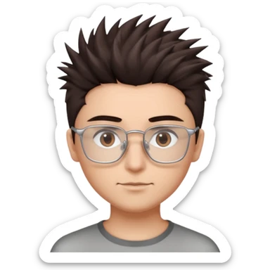 personagem com corte de cabelo espetadinho curto indo até o pescoço, cabelo castanho escuro, olho castanho escuro, sombrancelha castanho escuro, óculos sem aro prata quadrado. rosto fino sticker