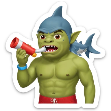 orc male in shark floatie, blowing whistle. Red swim trunks sticker