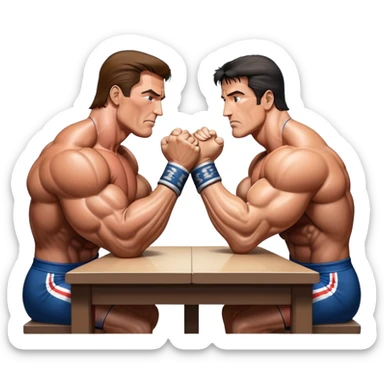 Arnold Schwarzenegger VS Sylvester Stallone from 'Over the Top,' locked in an arm wrestling battle, using only their right hands. Their left hands rest on the table. Both display immense strength, with muscular arms flexing, under bright competition lights. Transparent background. sticker