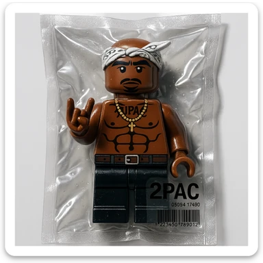Lego minifigure of 2Pac, with signature bandana and West Coast style, glossy sticker