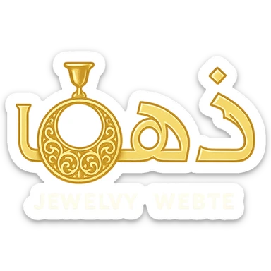 jewelry website logo with the word 'ذهب', the letter 'هاء' designed as a hanging golden hoop, intricate details suggesting luxury, golden colors with white accents, modern and elegant font sticker