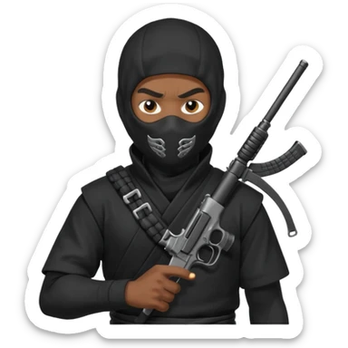 A black male in a ninja mask with a gun sticker