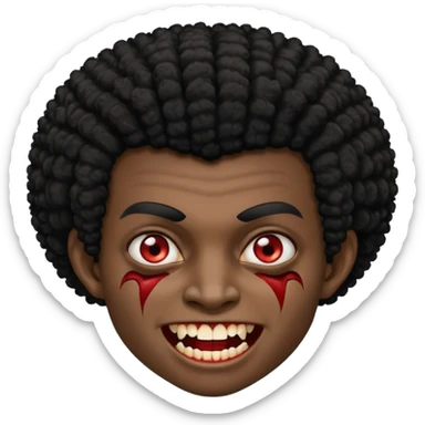 black skinned person with black hair afro with vampire teeth with cuts on their face sticker