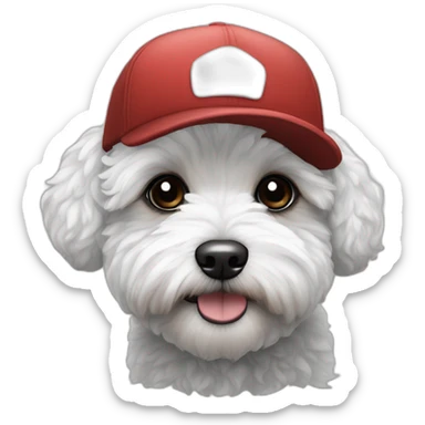 Maltipoo, black and white, with black cap that says MAY sticker