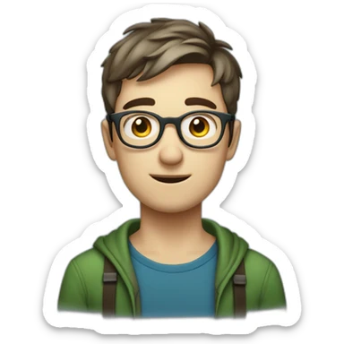Chatty man, short hair, small thin glasses, blue-green eyes, with dark sweet, geeky sticker