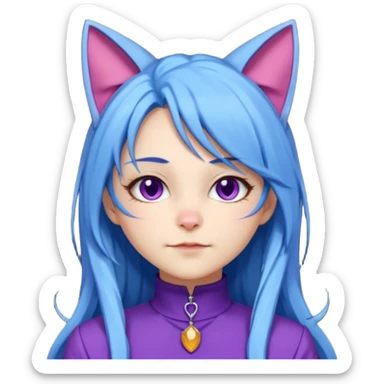 The image is a 3D rendering of a female character with long blue hair and cat ears on her head. She is wearing a purple outfit with a high neckline and long sleeves.  sticker