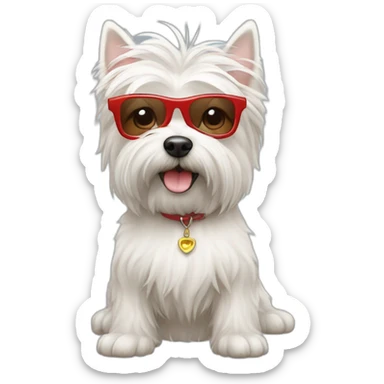 Humano con pelo de punta y gafas rojas con un perro westie sticker