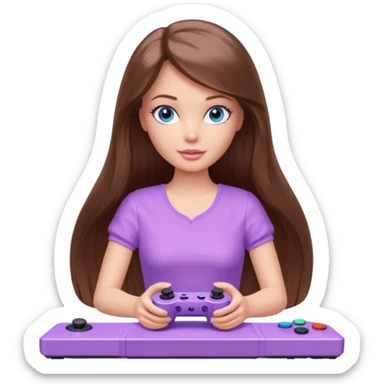 beautiful barbie girl with long brown hair, blue eyes and wearing light purple clothes playing console games with controller sticker