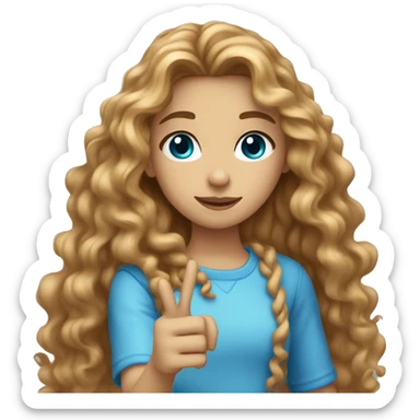 girl with light brown long curly hair and blue eyes doing a hand heart  sticker