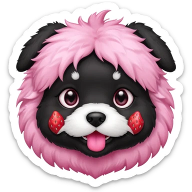 A black fluffy puppy with a strawberry sticker