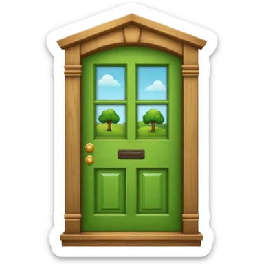 A wooden green door emoji in the style of Apple emoji with a window sticker