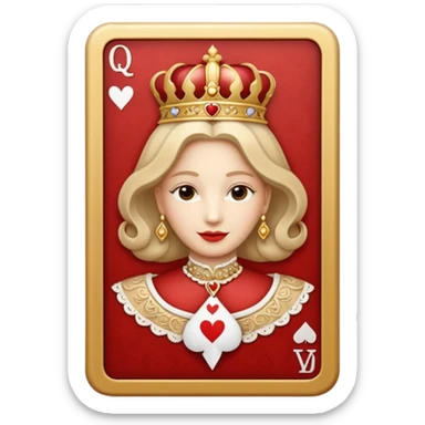 a playing beige and white card depicting the Queen of Hearts in gold sticker