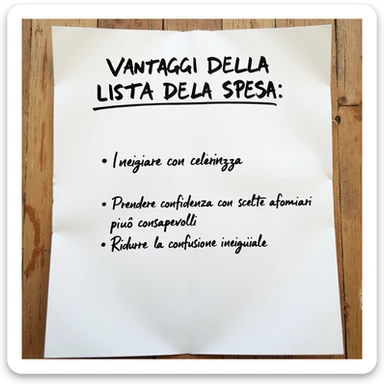 top view of a sheet of paper with handwritten text in pen: 'VANTAGGI DELLA LISTA DELLA SPESA: - Iniziare con chiarezza - Prendere confidenza con scelte alimentari più consapevoli - Ridurre la confusione iniziale', hyperrealism 4K, no background sticker