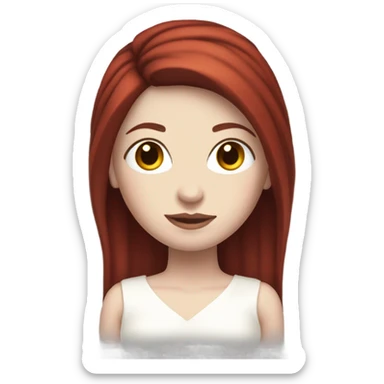 30-something pale-skinned woman with all her straight, dark red hair coiled tightly up on her head, wearing a white dress sticker