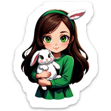 Long brown haired, green eyed girl holding a bunny. The bunny has floppy ears. The bunny has dark grey fur. sticker