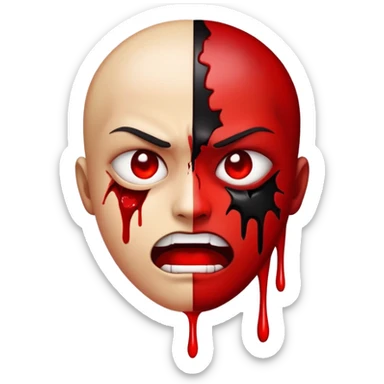 intense psycho face emoji with split of a blood, artistic elements that convey a bold, expressive look, using shades of red and black. sticker