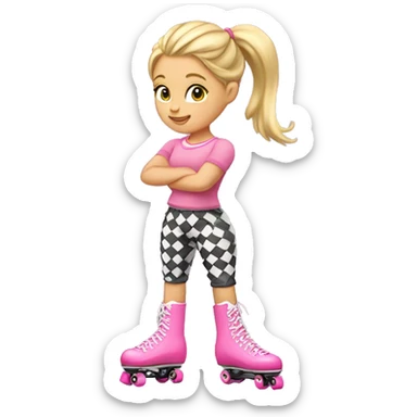 A girl with blonde hair a high ponytail checkered pants and pink rollerskates ￼ sticker