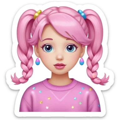 “Emoji girl, pastel pink blush, sparkly wide eyes, glossy bubblegum lips, hair in pigtails with colorful clips, oversized pastel sweater.” sticker