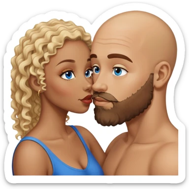 bald head man with brown eyes and beard kissing African woman with blue eyes and curly blonde hair sticker