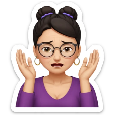  middle aged woman with dark hair pulled up in a high bun, wearing round ring earrings and glasses, expression extreme pain on her face, covering her ears with her hands very painful expression on her face, eyes squeezed shut, wincing in pain covering her ears with her hands sticker