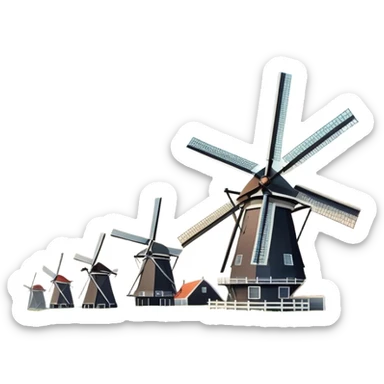Cinematic Realistic Kinderdijk Windmills Landmark Emoji, depicted as a row of classic Dutch windmills set against a serene sky rendered with detailed textures and soft natural lighting. sticker