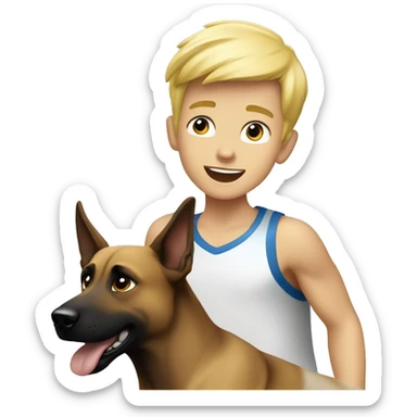 blond boy with blue eyes running with his malinois dog sticker