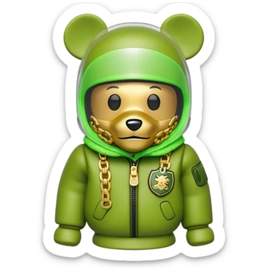 bearbrick wearing lime balaclava with graffiti logos where eye area is replaced by one continuous shield visor lens that's part of the mask, not separate eyewear, puffy coat with fur trim, gold chains sticker